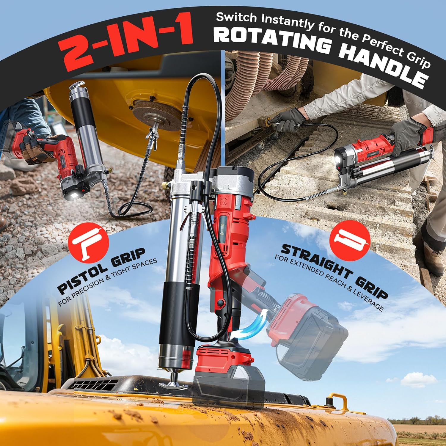 DIYtoolifz Cordless Grease Gun Compatible with Milwaukee 18V Battery, 12000PSI High-Pressure with 2-in-1 Rotating Handle, 39.4" Hose & 4 Couplers for Bulk & Cartridge Grease (Tool Only)