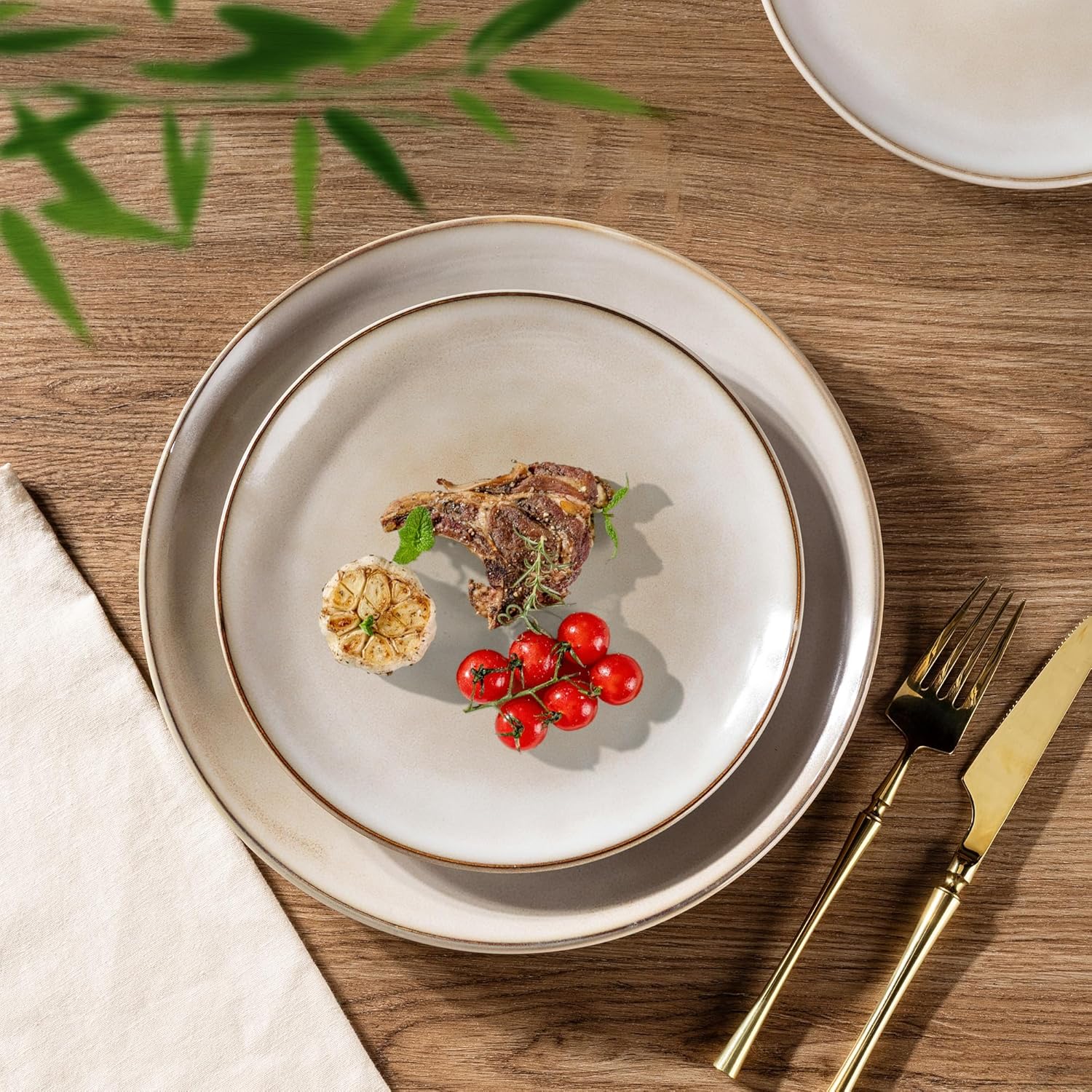 GBHOME Ceramic Dinnerware Sets for 4, 12 Pieces Stoneware Plates and Bowls Sets, Reactive Glaze Dishes -Scratch Resistant, Dishwasher&Microwave Safe-Cappuccino