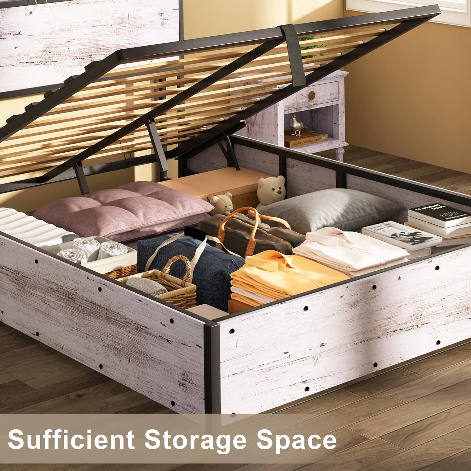 AMERLIFE Queen Size Lift Up Storage Bed Frame, Wooden Platform Bed Frame with Lifting Storage & Charging Station, No Spring Box Needed/Noise Free, White Birch