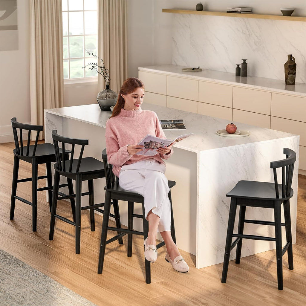 Wood Bar Stools Set of 3, 24" Barstool Farmhouse Counter Stools with Curved Back for Dining Room, Black