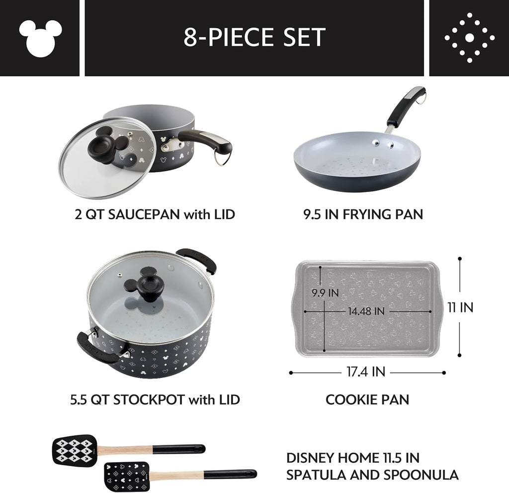 Farberware Disney Monochrome Ceramic Nonstick Cookware Pots and Pans with Baking/Bakeware Cookie Pan and Kitchen Cooking Tool Set, Dishwasher Safe, 8 Piece Cookware Set - Black