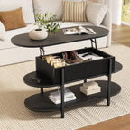 FABATO 41.7" Oval Lift Top Coffee Table, Fluted Wood Center Table with Hidden Storage, 3 Tier Small Tables with Curved Edge, Modern Narrow Coffee Table for Living Room Reception Room, Black