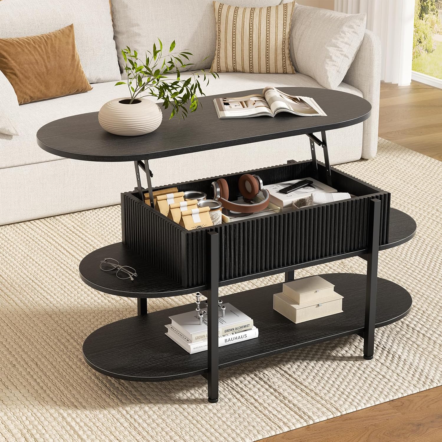 FABATO 41.7" Oval Lift Top Coffee Table, Fluted Wood Center Table with Hidden Storage, 3 Tier Small Tables with Curved Edge, Modern Narrow Coffee Table for Living Room Reception Room, Black