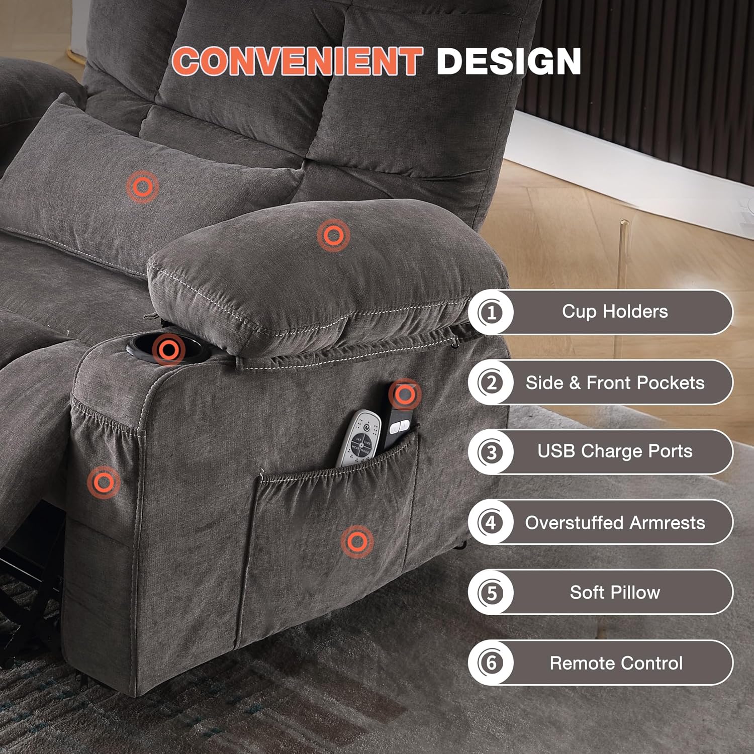 Power Lift Recliner Chair for Elderly with Vibration Massage and Lumbar Heating, Electric Lift Recliner Single Sofa with Side Pocket, Two Cup Holders and USB Charge Port for Living Room