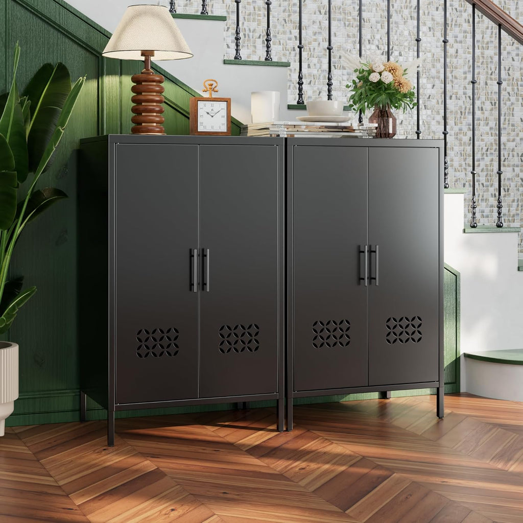 Metal Storage Cabinet with Adjustable Shelves,Metal Sideboard Cabinet with 2 Doors for Home,Office, 42" H x 26" W x 14" D,Assembly Required,Black