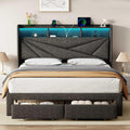 LED Full Size Bed Frame with 2 Storage Drawers, Upholstered Full Bed Frame with Headboard and Charging Station, No Box Spring Needed, Easy to Assembly-Dark Grey