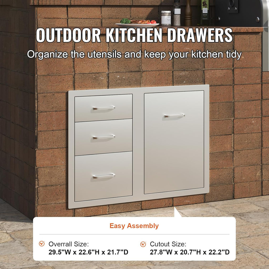 VEVOR Stainless Steel Cabinet  Outdoor Kitchen Door Drawer Combo 29.5" W x 22.6" H x 21.7" D  Access Door/Triple Drawers  Propane Drawer  Adjustable Garbage Ring  BBQ Island Patio Grill Station