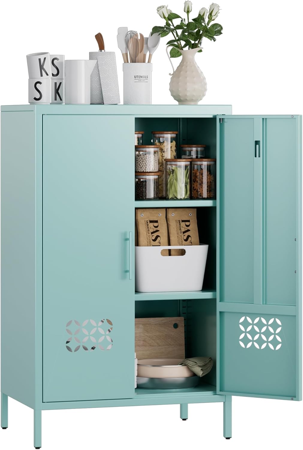 Metal Storage Cabinet with Adjustable Shelves,Metal Buffet Sideboard with 2 Doors for Kitchen,Home,Office, 42" H x 26" W x 14" D,Assembly Required,Blue