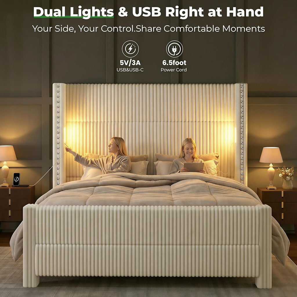 Queen Bed Frame with 56.7" Tall Headboard & Reading Lights, Corduroy Upholstered Wingback Platform Bed with Charging Station, Modern Retro Design, Noise Free, No Box Spring Required, Cream