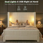 Queen Bed Frame with 56.7" Tall Headboard & Reading Lights, Corduroy Upholstered Wingback Platform Bed with Charging Station, Modern Retro Design, Noise Free, No Box Spring Required, Cream
