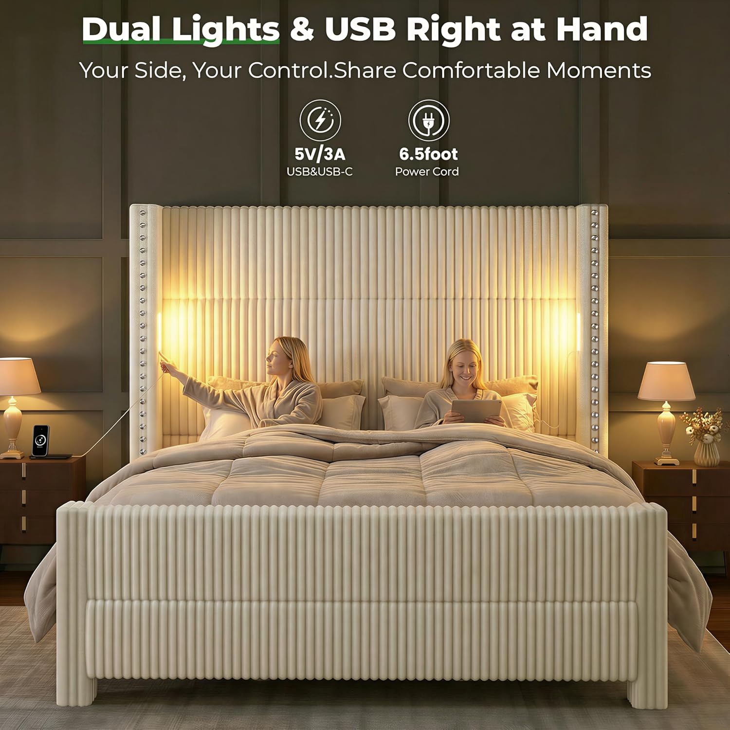 Queen Bed Frame with 56.7" Tall Headboard & Reading Lights, Corduroy Upholstered Wingback Platform Bed with Charging Station, Modern Retro Design, Noise Free, No Box Spring Required, Cream