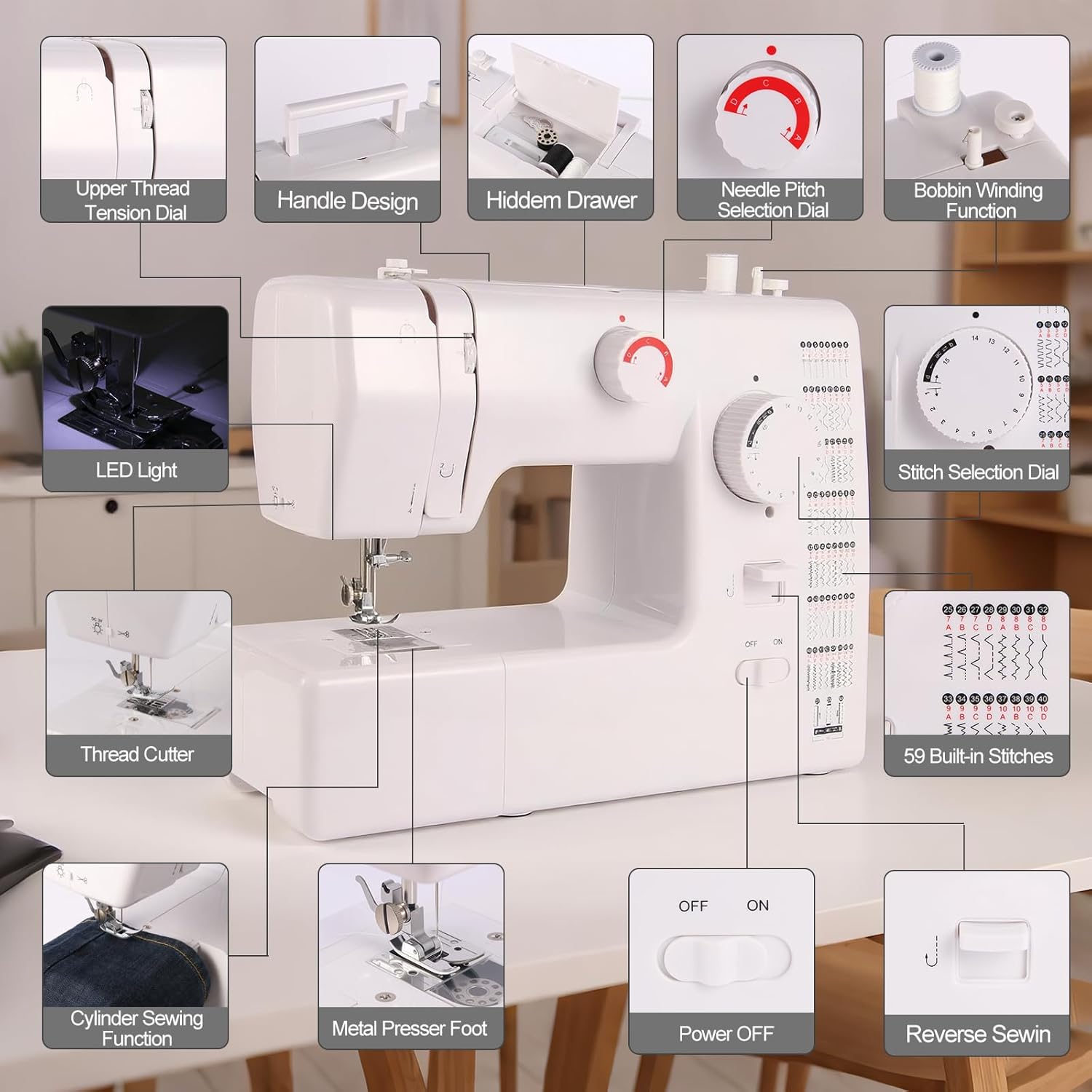 Multifunction Sewing Machines, Strong Motor with Enhanced Piercing Power, 59 Stitch Applications, Full Metal frame, Strong & Tough, with Foot Pedal, Storage Drawer, Accessory Kit