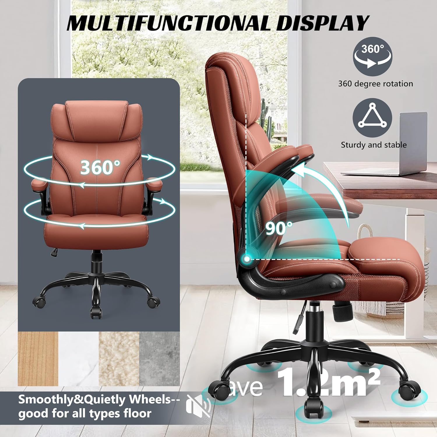 HeroSet Office Chair, Ergonomic Big and Tall Computer Desk Chairs, Executive Breathable Leather Chair with Adjustable High Back Flip-up Armrests, Lumbar Support Swivel PC Chair with Rocking Function