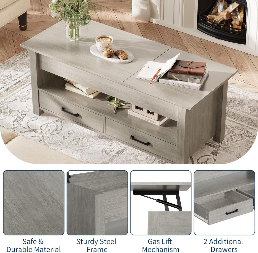 GarveeHome Coffee Table Lift Top, Convertible Coffee Table with Wooden Lift Tabletop, 2 Drawers and Hidden Compartment, Central Table with Storage for Living Room Home Office, Grey