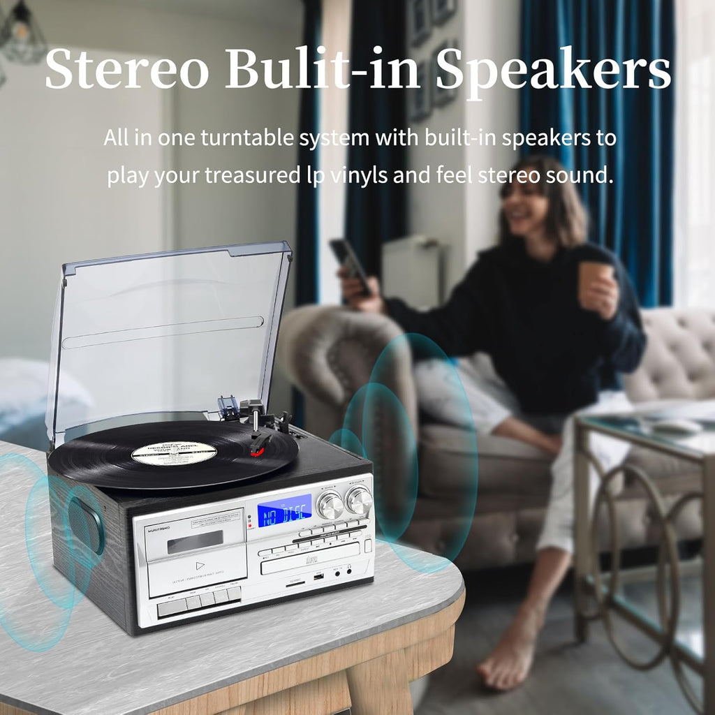 9 in 1 Record Player with External Speakers 3 Speed Bluetooth Turntable Vinyl Player with CD/Cassette Play AM/FM Radio  USB SD/MMC Play  Aux-in/RCA Line Out
