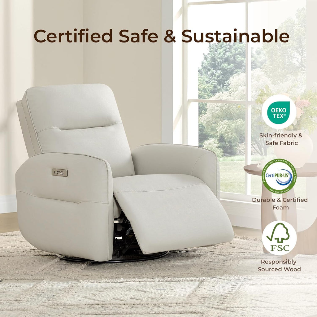 CHITA Faux Leather Power Recliner Chair, Swivel Glider Recliner for Adults, Nursery Rocking Chair with USB & Type-C Charging for Living Room, Bedroom, Creamy Grey