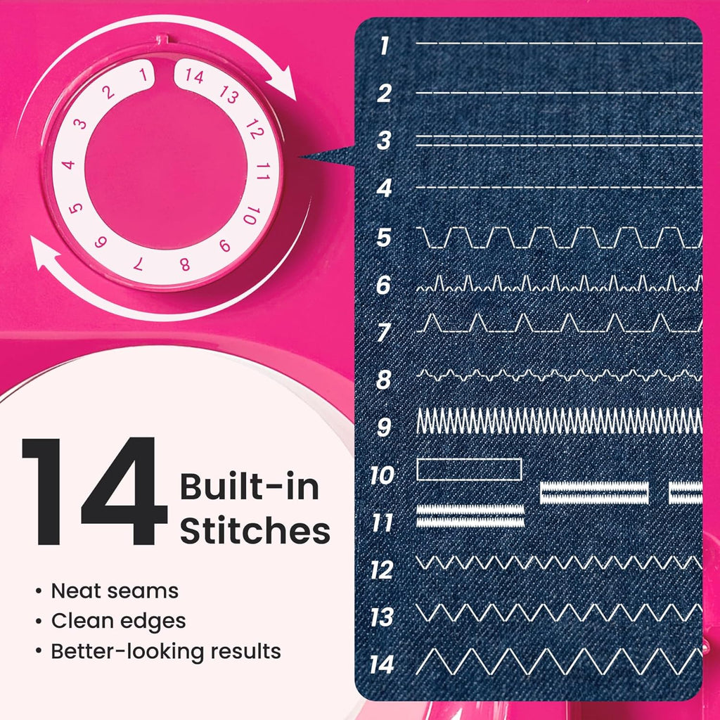 Portable Mini Sewing Machine for Beginners, 14 Stitches, Easy Dial Control, LED Light & Extension Table, Compact Lightweight for Home DIY Mending, Ideal Gift for Kids Adults Bright pink