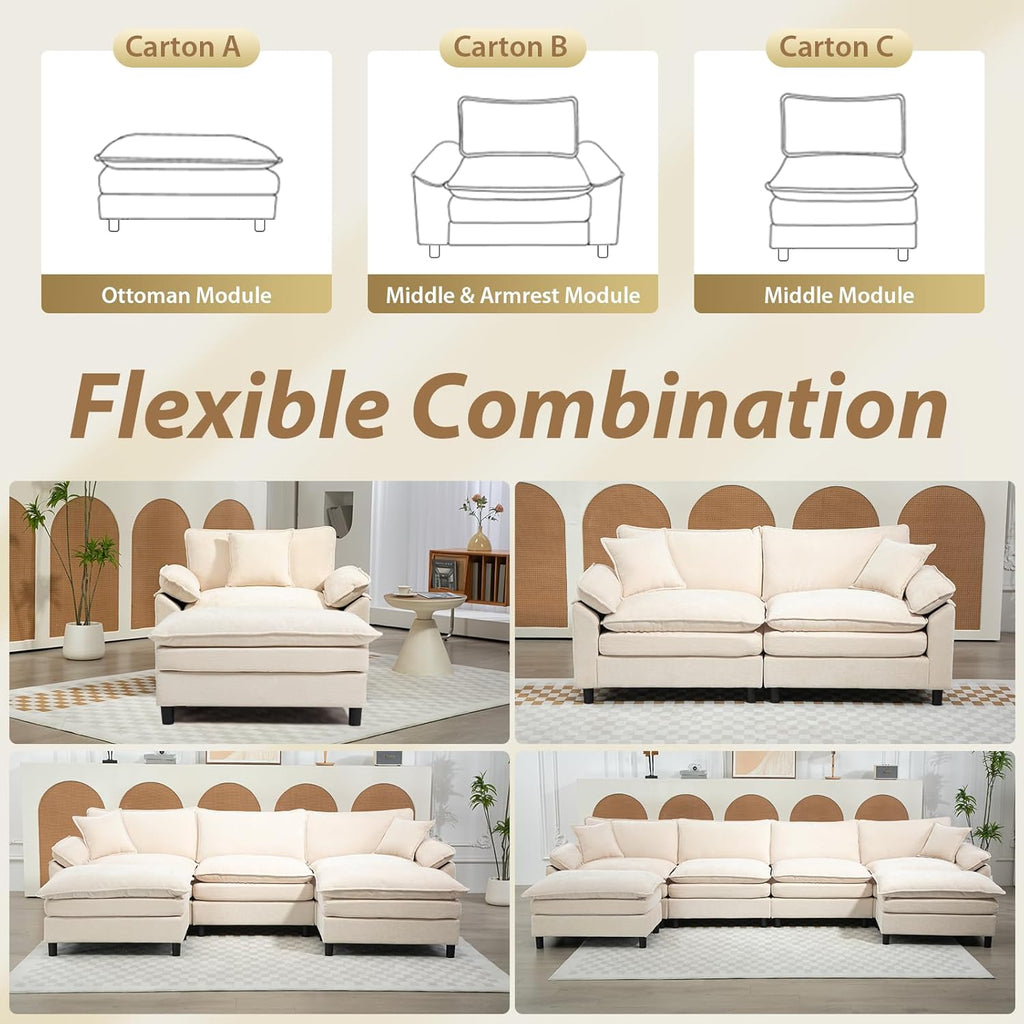 Oversized Modular Sectional Sofa, 80 Inch L Shaped Cloud Couch Set, 2-Seat Comfy Convertible Sofa with 1 Movable Ottoman, DIY Combination Sleeper Couch for Living Room(Chenille, Beige)
