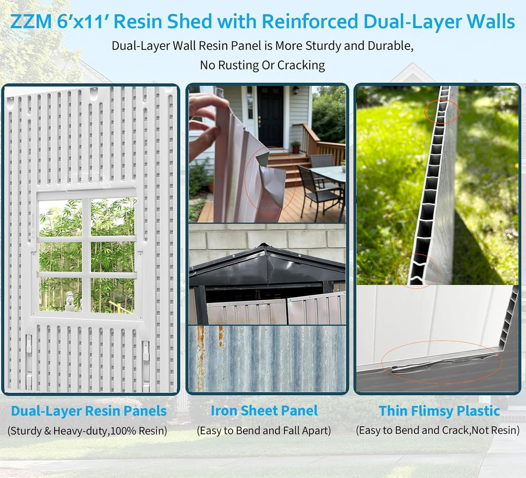 ZZM Outdoor Storage Shed 6x11 Ft  All-Weather Resistant Resin Garden Sheds & Outdoor Storage Clearance with Floor and Windows  Double-Layer Plastic Tool Shed for Backyard  Patio & Lawn (Gray)