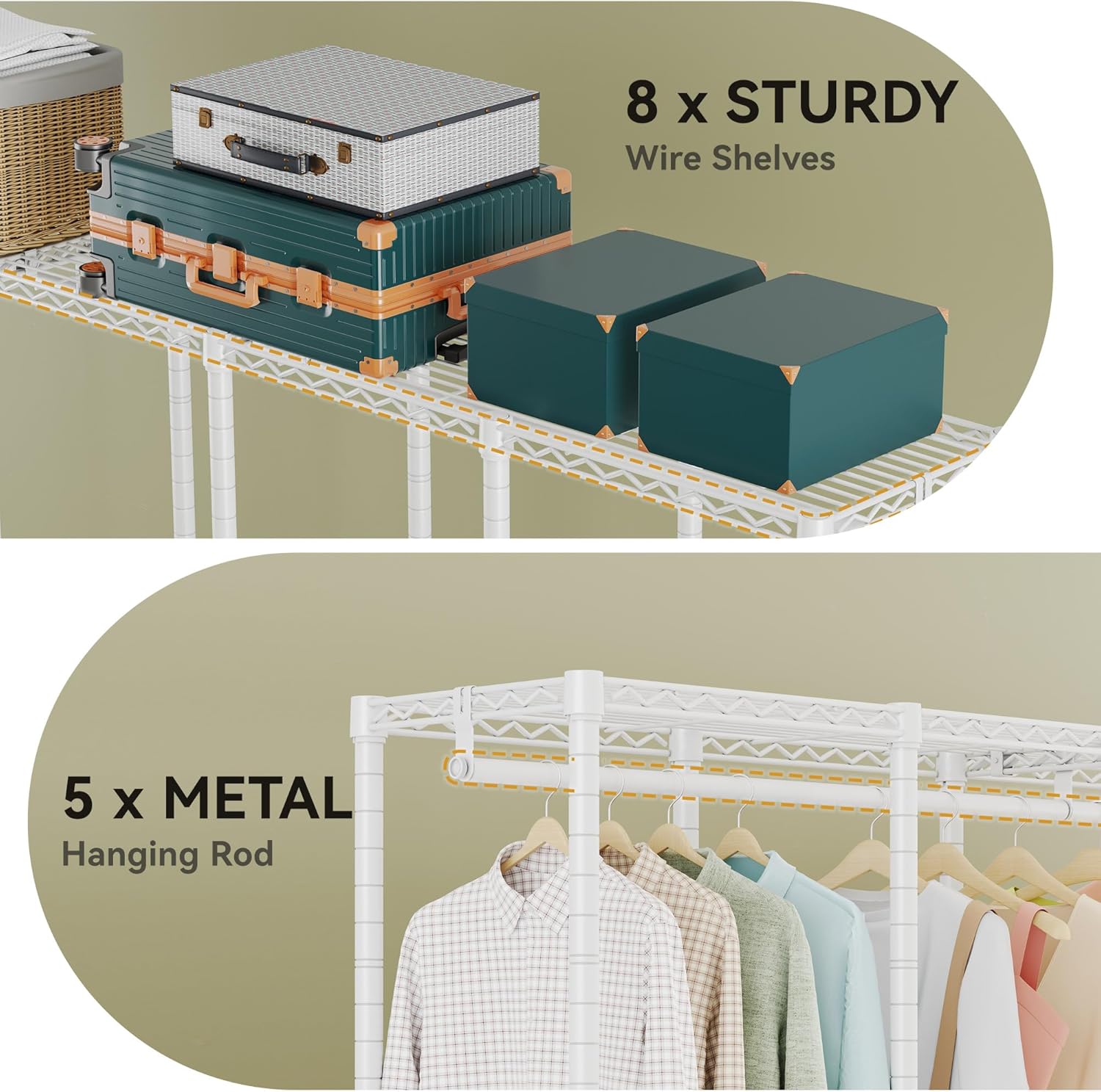 H5 Extra Large Heavy Duty Clothes Rack, Wire Garment Rack, Freestanding Clothing Rack for Hanging Clothes, Wardrobe Closet with Adjustable Shelf, 93.3" Wx15.7 Dx75.4 H, White, Load 1400 lbs