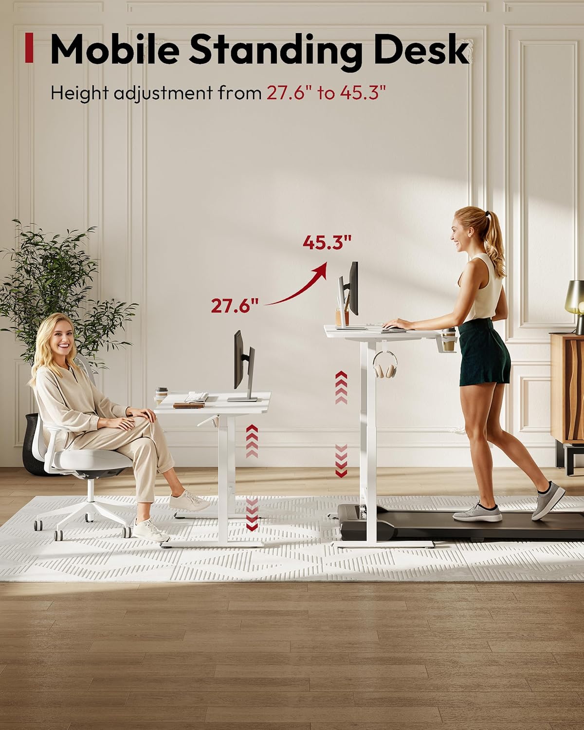 SANODESK Mobile Workstation Standing Desk with Gas-Spring Lift, Rolling Desk Adjustable Height, One-Piece Desktop Workstation with Wheels .Walking Pad & Treadmill Compatible, Portable Home Office Desk