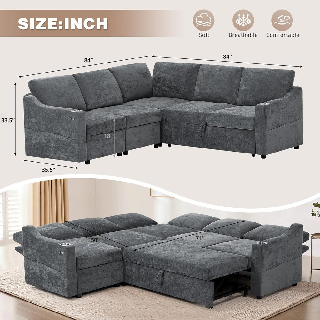 84" Chenille Modular Sofa Bed w/Adjustable Backrests, L-Shape Sleeper Sofa w/USB Ports & Storage Space, Convertible Corner Sectional Couch w/Pull Out Bed for House, Living Room, Grey
