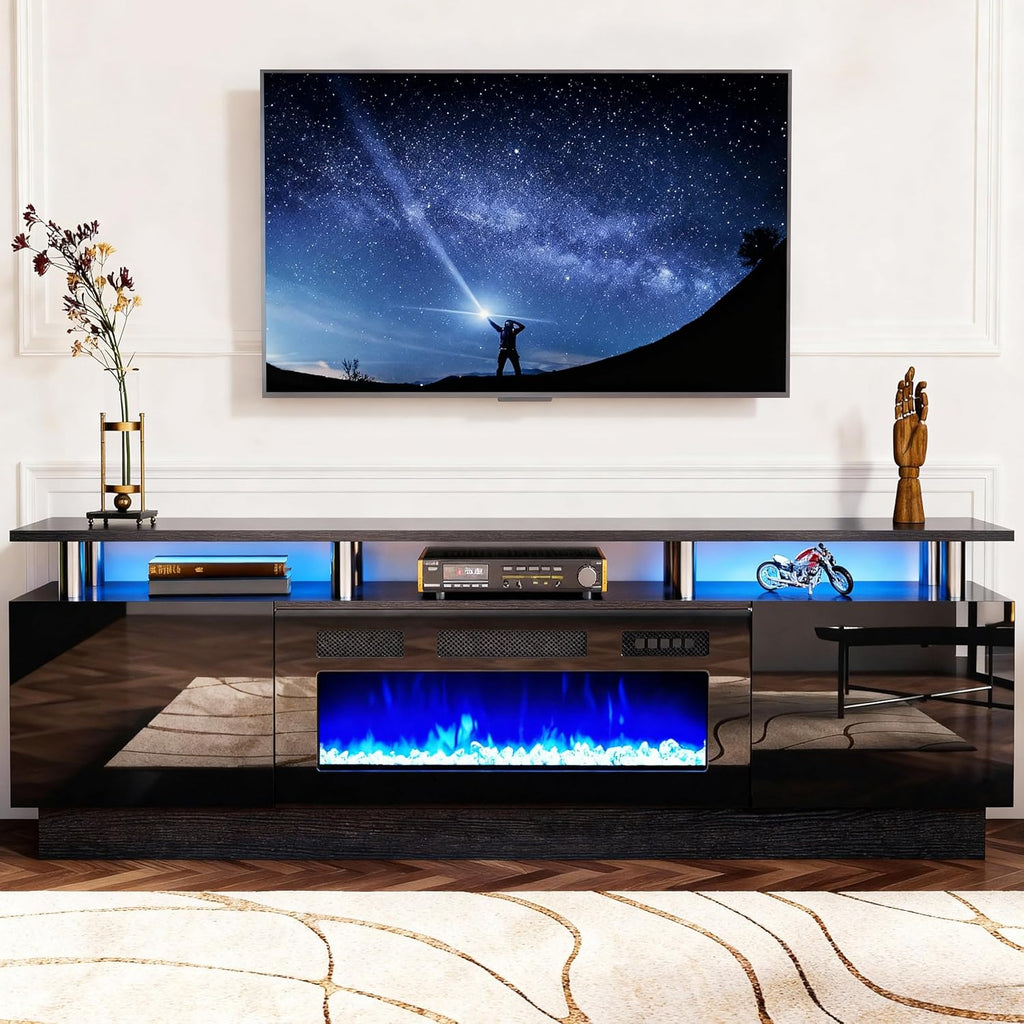 oneinmil 2 Tier TV Console Stand with 36" Electric Fireplace, LED Light Entertainment Center for TVs Up to 80" for The Living Room, 70", Black