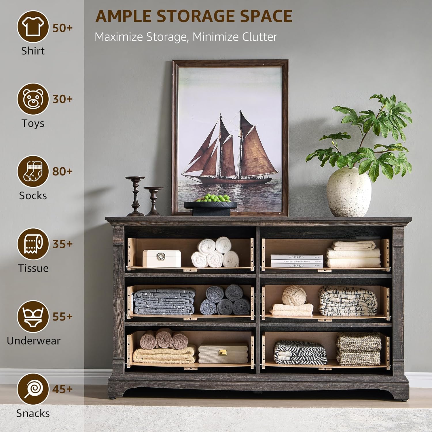 Farmhouse 6 Drawers Dresser for Bedroom, 54" Wide Large Dressers & Chests of Drawers w/Roman Column, Wooden Dresser TV Stand with Large Drawers for Nursery Bedroom Living Room Hallway,Dark Rustic Oak