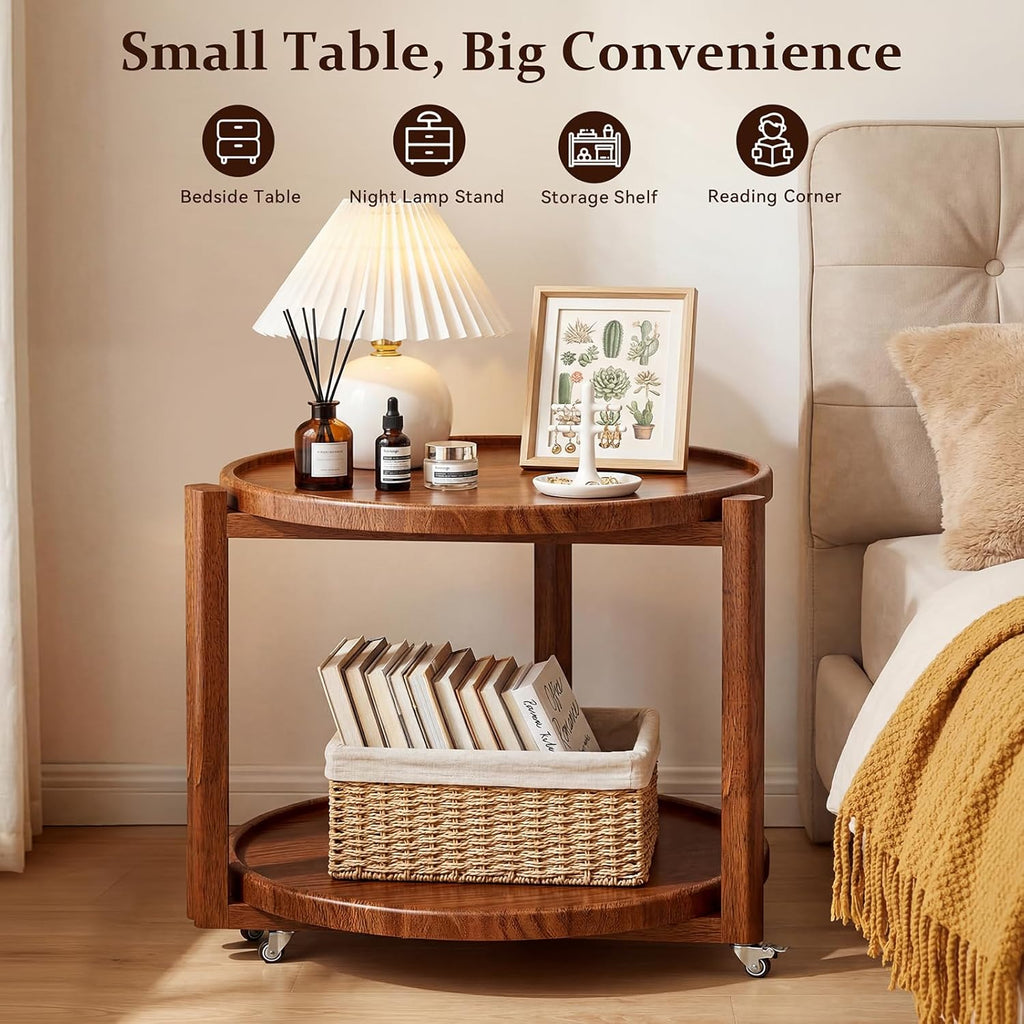 Taitiy Rolling Side Table with Wheels, Solid Wood Round End Table with Storage Shelf, 2 Tier Mobile Side Table for Couch & Small Spaces, Wooden Bedside Table with Lockable Casters, Walnut 21.5"