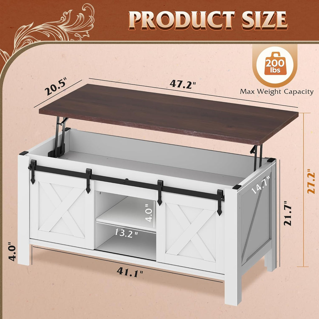 WLIVE 47.3" Farmhouse Lift Top Coffee Table with Sliding Barn Doors, Large Hidden Storage Compartment and Adjustable Shelf for Living Room,Office, White