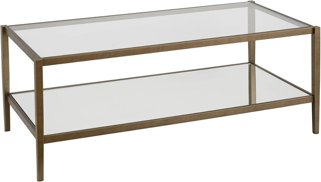 Henn&Hart 45" Wide Rectangular Coffee Table with Mirror Shelf in Brass, Coffee Table coffee tables for living room, studio apartment essentials