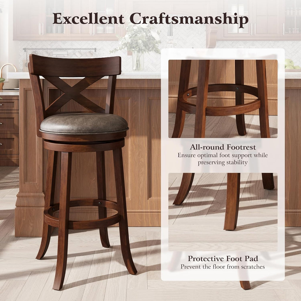 ALPHA HOME Swivel Bar Stools with Backs, 30 Inch Bar Stools Set of 2, Wooden Bar Stools, 360 Degrees Swivel Chairs with Upholstered, Wrap-Around Footrest for Pub, Kitchen, Dark Cherry/Fondant