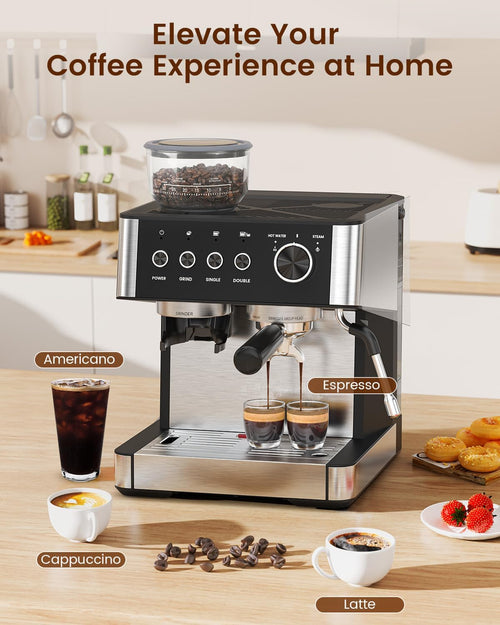 (2026 Upgrade) Espresso Machine with Grinder, 15 Bar Expresso Coffee Machines, Professional Coffee Maker for Latte&Cappuccino with Milk Frother, Expresso Machines for Home Descaling Kit Included Black