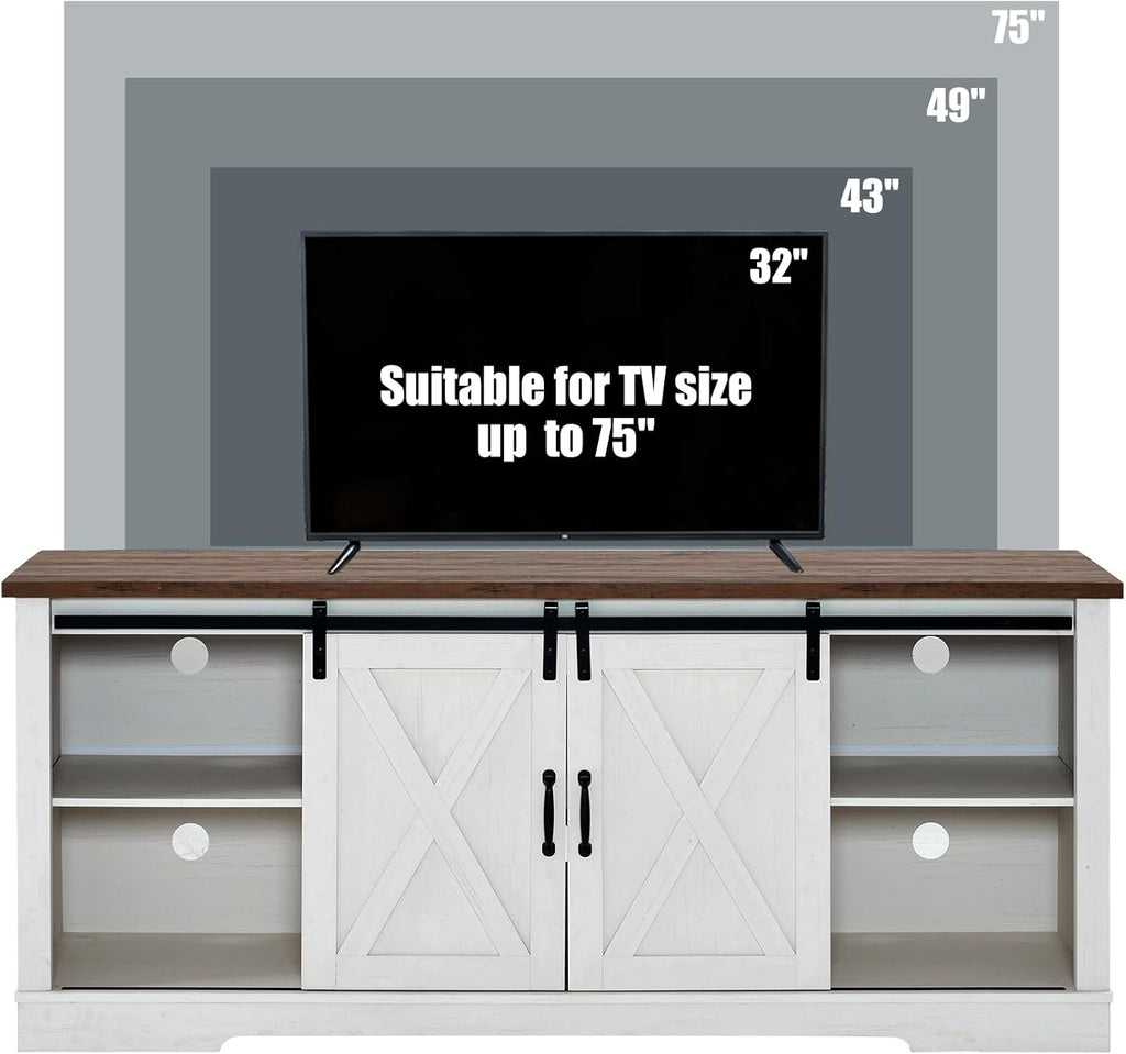 AMERLIFE 4-Piece Farmhouse Table Set Includes Sliding Barn Door TV Stand, Coffee Table& Two End Tables, Side Table with Charging Station and USB Ports, for Living Room, Distressed White, 66"