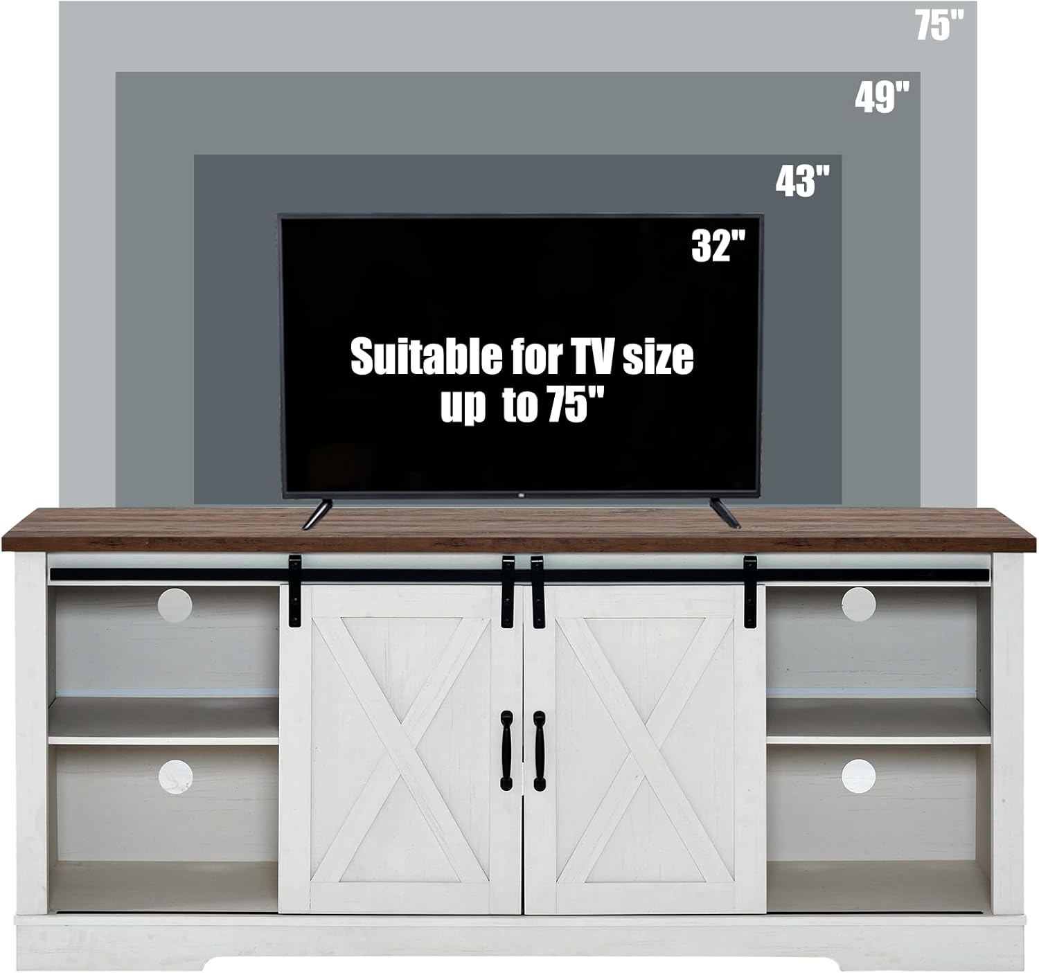 AMERLIFE 66" Farmhouse TV Stand for 75 Inches TVs, Entertainment Center with Sliding Barn Door and Adjustable Shelf & Feet, Console Table with Storage, Distressed White & Rustic