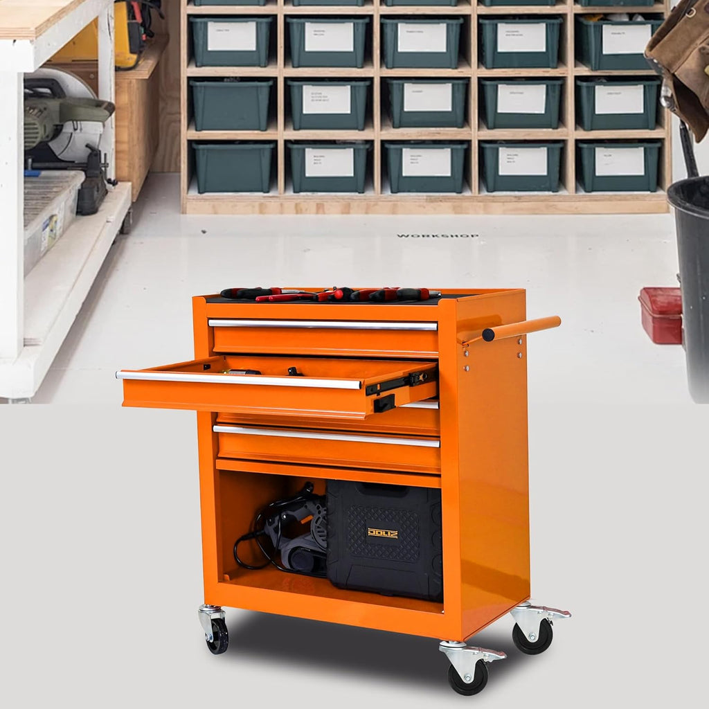 4 Drawers Rolling Tool Cart on Wheels, Trolley Organizer Tool Case Tool Chest, Multifunctional Tool Storage Tool Box for Workshop, Garage, Warehouse, Repair Shop(24.2"W×12.9"D×29.9"H-Orange)