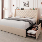 Feonase Upholstered Queen Bed Frame with 4 Storage Drawers, Charging Station and Tufted Wingback Storage Headboard, No Box Spring Needed, Easy Assembly, Beige