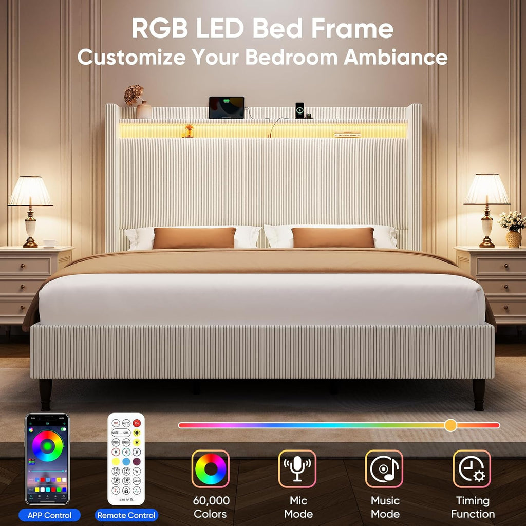 King Size Bed Frame with Tall Headboard, 55.3" Upholstered Platform King Bed Frame, Elegant Corduroy Wingback Bed with LED Lights & Charging Station, No Box Spring Needed, Solid Wood Slats, Cream