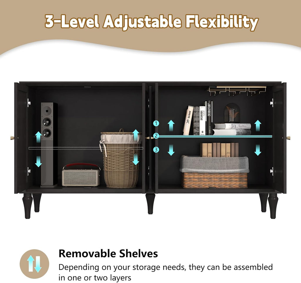 ARTPOWER 58'' Mid-Century Modern Buffet Storage Cabinet with 4 Doors and Adjustable Shelves, Accent Style Sideboard for Entryway, Dining Room, Living Room, Espresso Brown