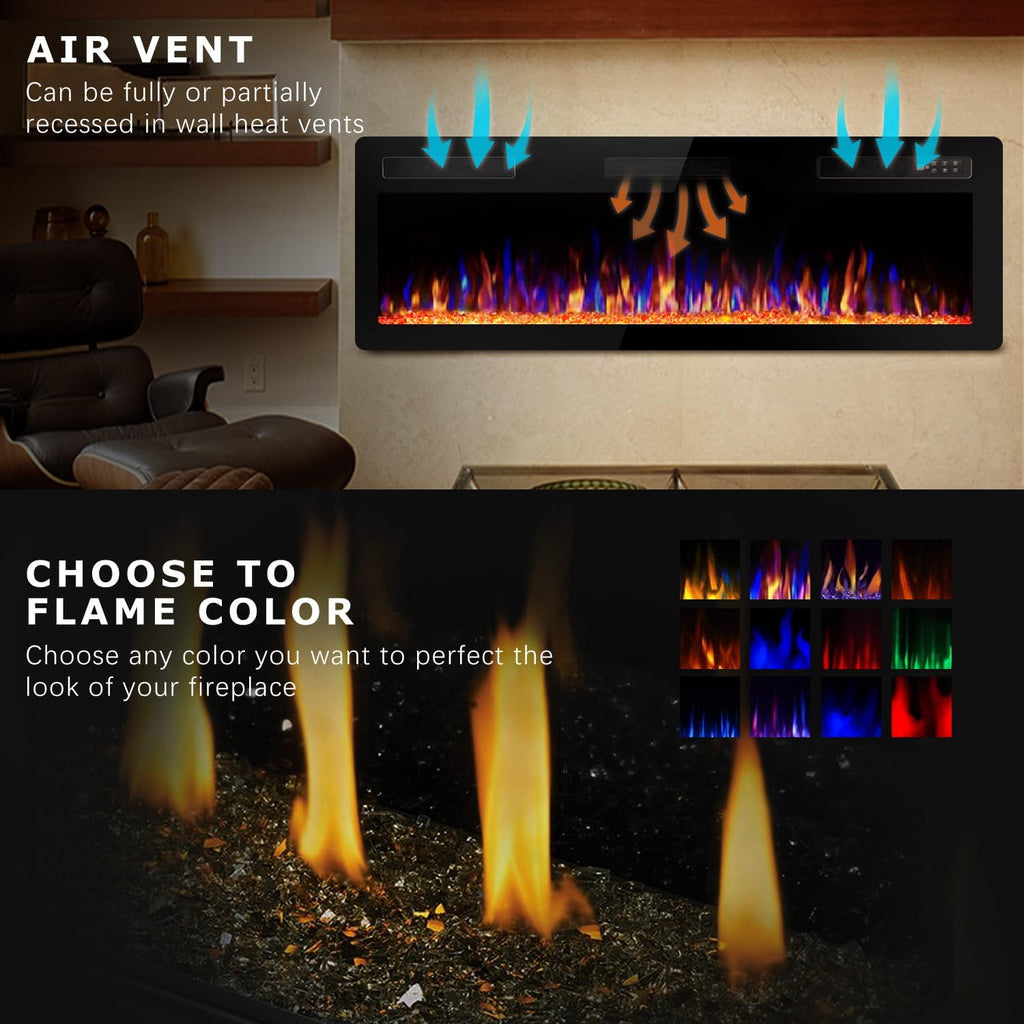 Vitesse 72 Inch Ultra Thin Electric Fireplace-Narrow Bezel Linear Fireplace Heater Recessed Wall Mounted, Remote and Screen Control, 8H Sleep Timer, Low Noise, 750/1500W for Living Room, Bedroom