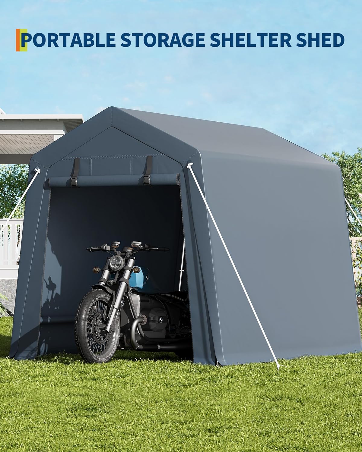 6x6FT Carport, Heavy Duty Motorcycle Shed with Waterproof PE Tarp, Portable Outdoor Storage Shed for Bikes and Firewood, All-Weather Car Shelter with Roll-Up Zipper Door, 6x6FT, Gray