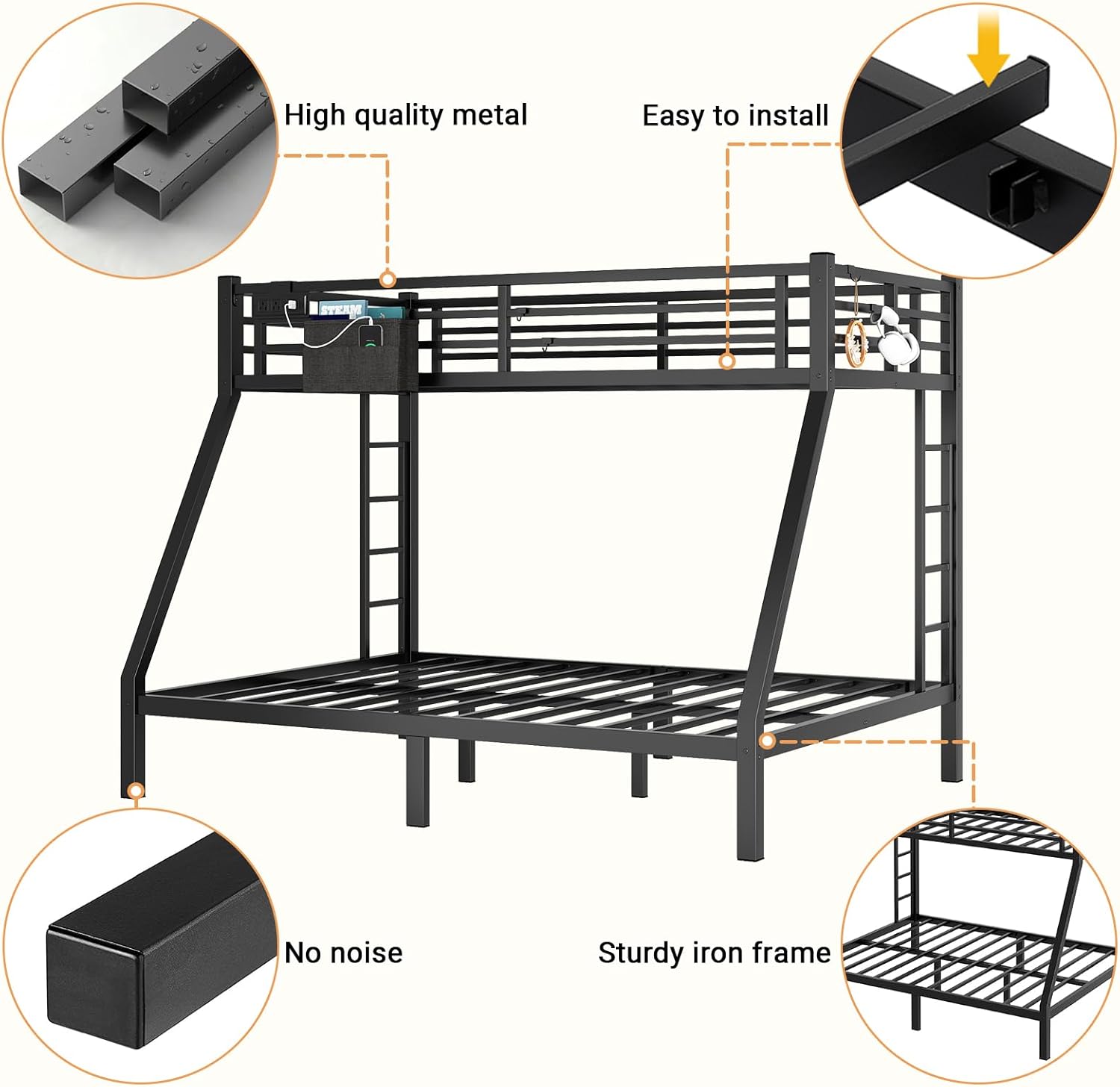 Twin XL Over Queen Bunk Bed, Metal Bunk Bed Frame Heavy Duty Bunk Beds Loft Bed Frame with Ladder and Guardrail Metal Slats No Box Spring Required for Adults Teens, Black
