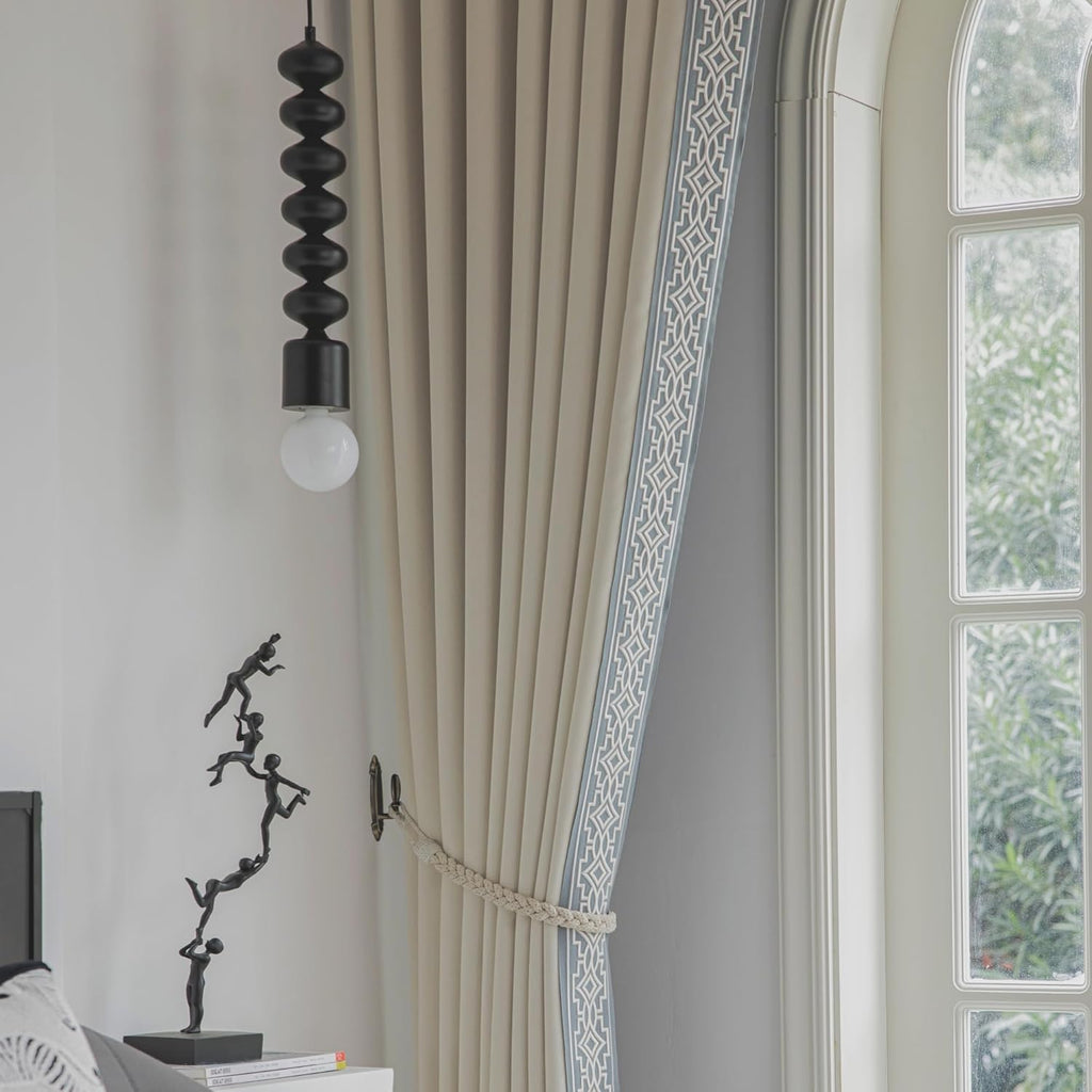 Ivory Cream Cotton Blend Curtain Panels with Trim Design, Pinch Pleat Curtains, Blackout Curtains for Sliding Patio Doors Bedroom (Set of 2) (52W x 96L)