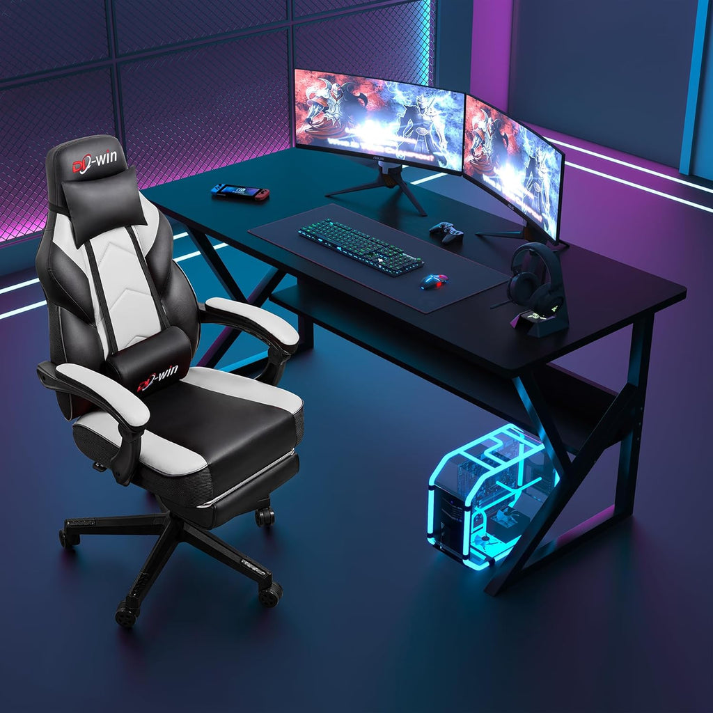 DL-win Video Gaming Chair for Adults, Computer Chair with Footrest and Ergonomic High Back, Big and Tall Gamer Chair with Massage Lumbar Support, 360° Swivel Height Adjustable Computer Chair, White