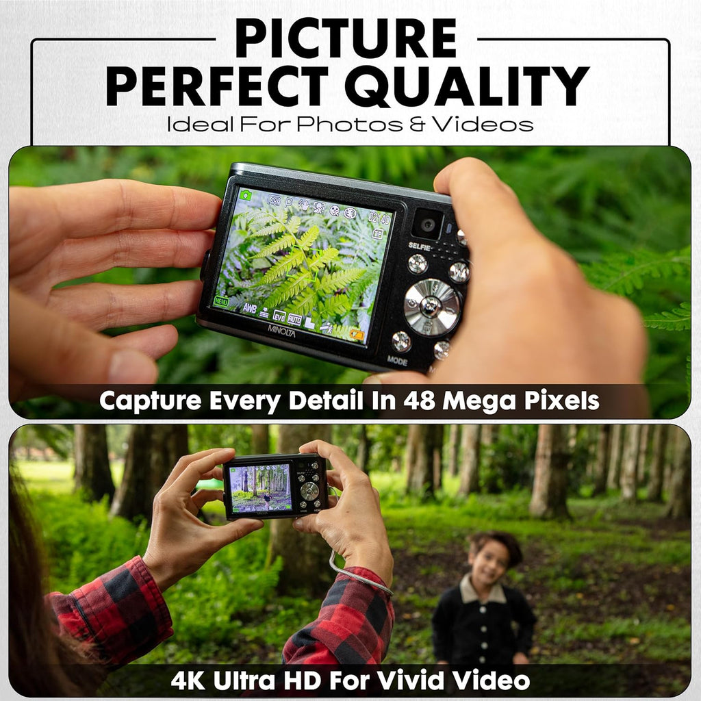 Minolta 48MP Digital Camera with Rear Selfie Lens – 4K Ultra HD Video  2.8" LCD Screen  16X Digital Zoom  Autofocus  Slow Motion  Time Lapse  Filters  Scene Modes  32GB Card Included (Blue)