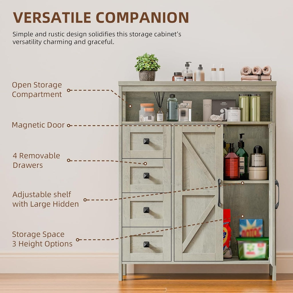 Vabches Farmhouse Storage Cabinet with 2 Doors and 4 Drawers, Freestanding Bathroom Storage Cabinet Kitchen Pantry Cabinet, Floor Cabinets Hutch Cupboard for Kitchen/Living Room/Bathroom.Grey Oak.