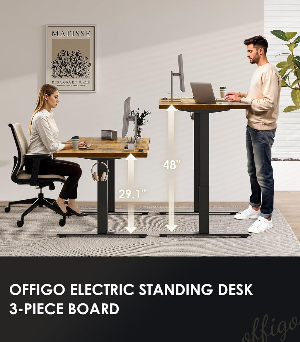 OffiGo 71 Inch Executive Electric Standing Desk, Height Adjustable Desk with Power Outlet & 1.38" Thick 3-Piece Desktop, Sit Stand Computer Desk for Home, Office, Conference Room, Rustic Brown