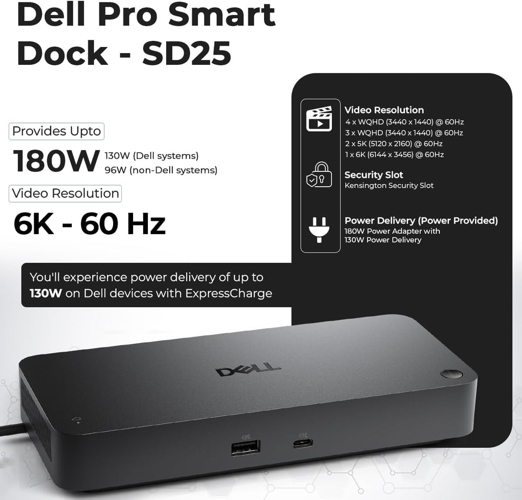 Dell Pro Smart Dock SD25 Bundle - 10Gbps  3 Year Warranty  Supports Dual/Triple Monitors & 4K Displays with 180W Power Supply  Anyhdd HDMI  DisplayPort  USB C Cable  Cloth - Docking Station