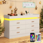 6 Drawer Dresser with Charging Station and LED Lights, Modern Chest of Drawers with Power Outlet, Organizer Cabinet for Bedroom, Living Room, White