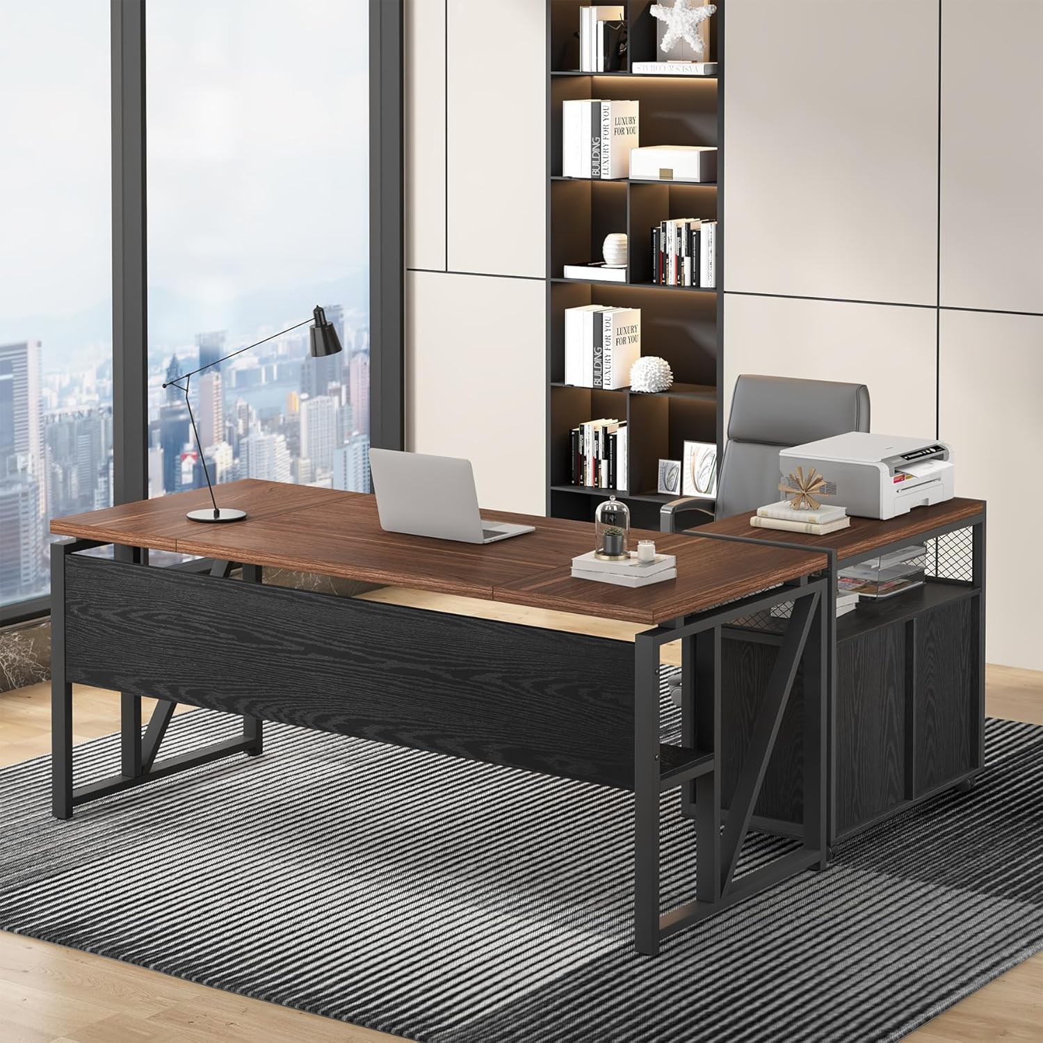 Tribesigns 63" Executive Deskwith Drawer Cabinet, L Shaped Desk and lateral File Cabinet, 2 Piece Home Office Furniture Set with Drawers for Hanging, Doors with Locks (Dark Brown, 63 inches)
